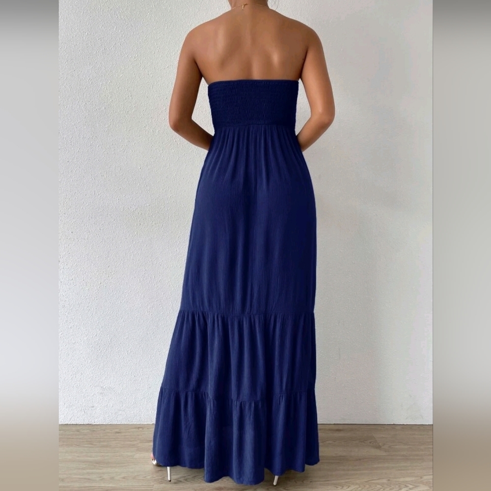 New Chic Smocked Tube Top Tiered Maxi Dress Ruffle Long Dark Blue - Picture 4 of 8